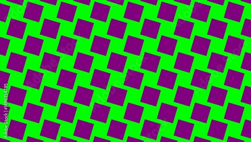 Rotary motion of simple checkerboard pattern with alternating vivid green and  purple squares spinning in seamless loop while shifting colors rhythmically. minimal abstraction, contrast, animation