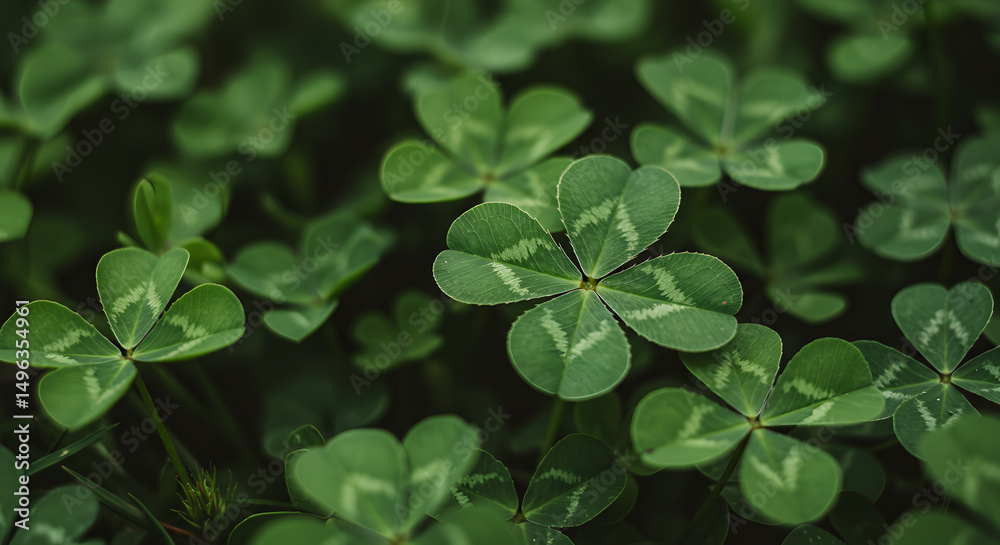 Close-up of fresh green clover leaves in a lush patch, symbolizing luck and nature in a vibrant natural setting Close-up of fresh green clover leaves in a lush patch, symbolizing luck and nature in a vibrant natural setting