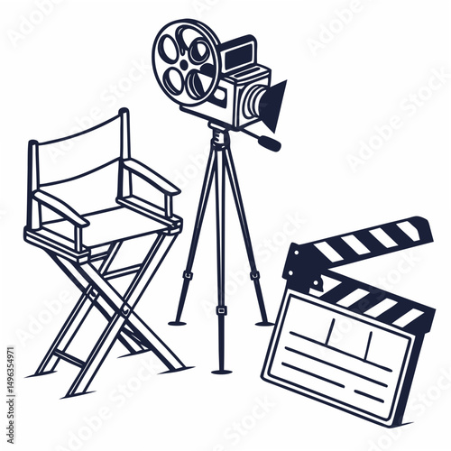 Professional movie production kit director chair camera clapperboard