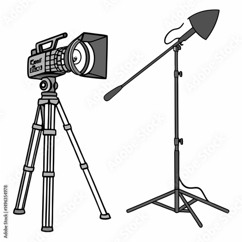 Professional camera and lighting setup isolated on white