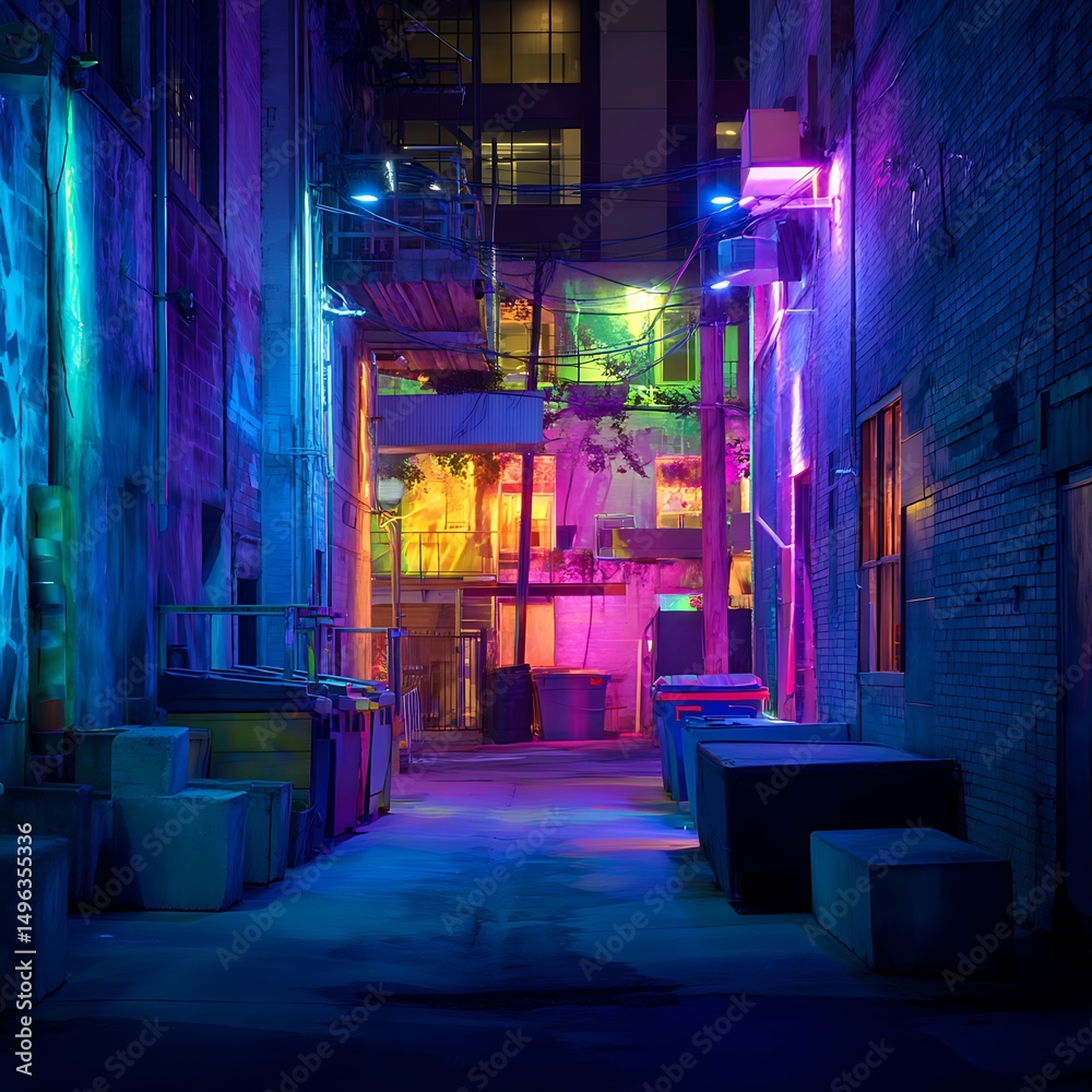 Fototapeta premium Vibrant Neon Lights Illuminate a City Alleyway at Night.