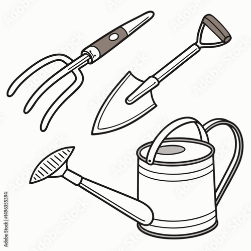 Gardening tools watering can trowel cultivator