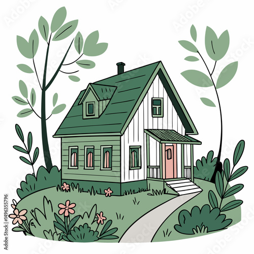 Charming green house illustration isolated on white