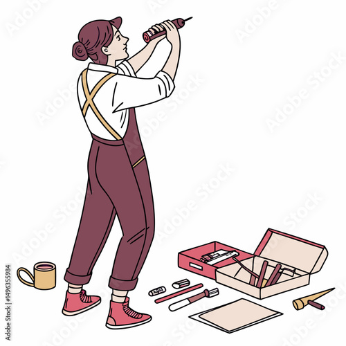 Woman craftsperson using power drill tools artwork