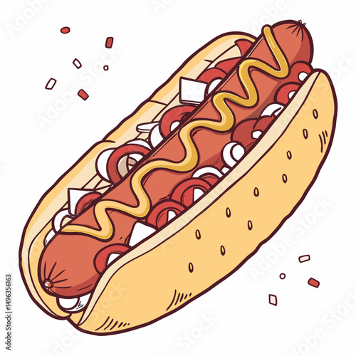 Delicious hot dog with mustard and toppings isolated