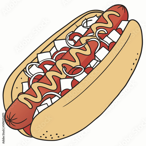 Delicious hot dog with onions mustard isolated on white