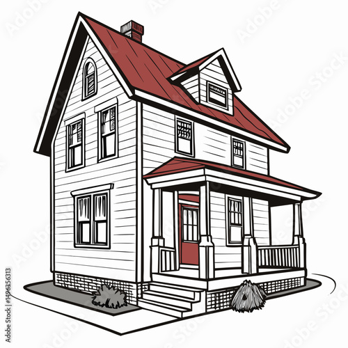 Charming suburban house illustration, clean cutout, transparent background