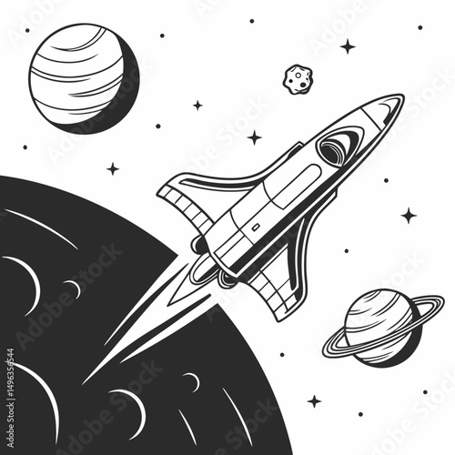 Space shuttle launching through cosmos planets stars