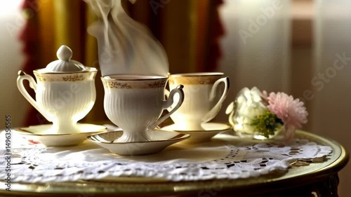 Elegant tea service featuring fine porcelain cups and floral arrangement on a doily-covered table, creating a refined and cozy atmosphere.