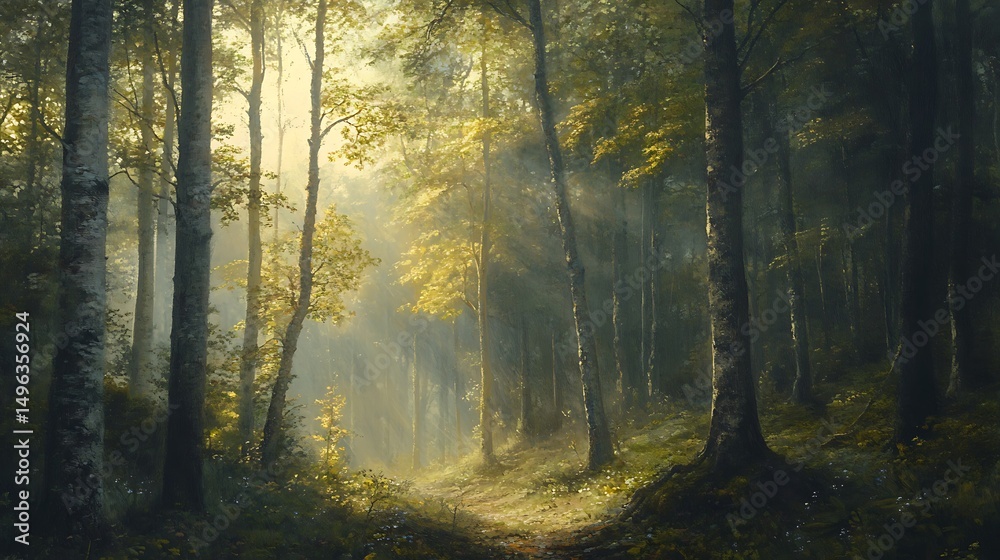 Obraz premium Sunlight filters through a misty forest.