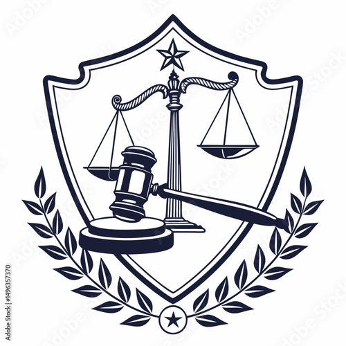 Law firm emblem gavel scales justice shield