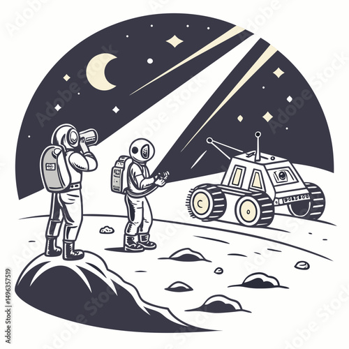 Astronauts exploring moon surface with rover night scene