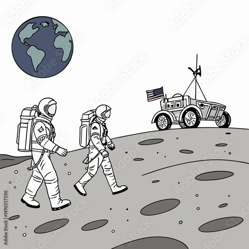 Astronauts exploring moon surface lunar rover earth