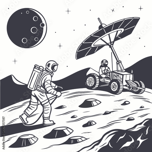 Astronaut exploring moon surface lunar rover mission