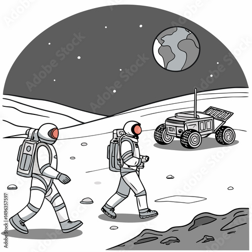 Astronauts exploring lunar surface with rover earth visible