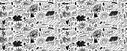 Punk doodle scribbles seamless pattern. Kid's drawings, hand drawn childish funky shapes, crayon drawn squiggles.