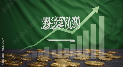 Saudi Arabia's economic growth.  A rising graph overlaid on a Saudi Arabian flag, with gold coins in the foreground, suggesting economic development