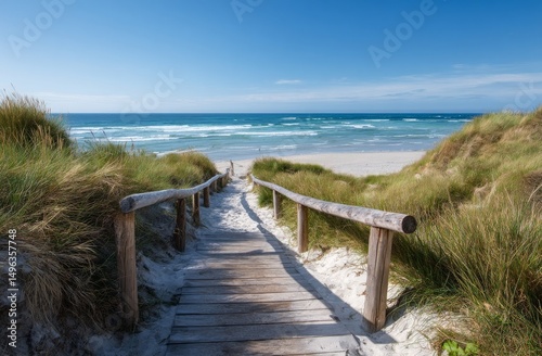 Wallpaper Mural Wooden Path Leading to Sandy Beach and Blue Ocean Under Sunny Sky Torontodigital.ca