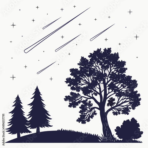 Night sky silhouette trees stars shooting stars