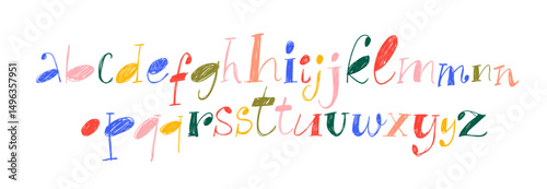 Colorful funky retro serif font drawn by crayon or pencil. Hand drawn childish alphabet letters with scribbled texture.
