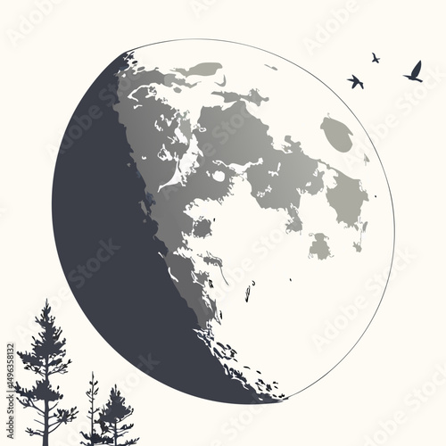 Majestic moon silhouette birds trees night sky art