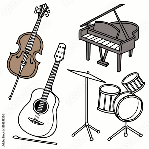 Musical instruments set cello guitar piano drums transparent background