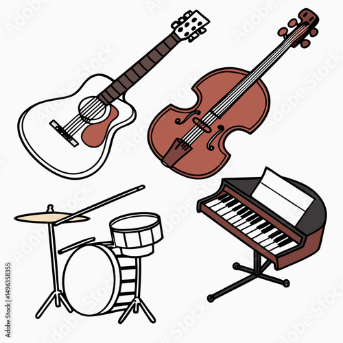 Musical instruments collection guitar cello piano drums