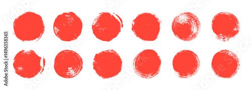 Collection of red grunge circles and dots. Japanese and chinese calligraphy round shapes.