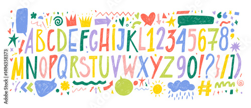 Colorful funky kids English alphabet with numbers, punctuation symbols, speech bubbles and doodle shapes. Crayon drawn doodle font, childish playful scribbles. Hand drawn pencil texture text.
