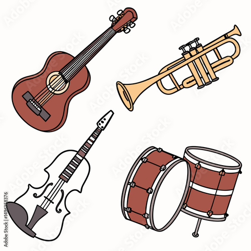 Musical instruments collection guitar violin trumpet drum
