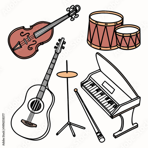 Musical instruments collection violin guitar drums piano
