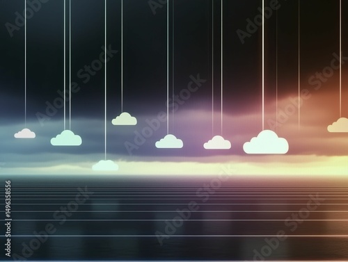 Futuristic Cloudscape Illustration with Hanging Abstract Clouds Over Serene Ocean Horizon View