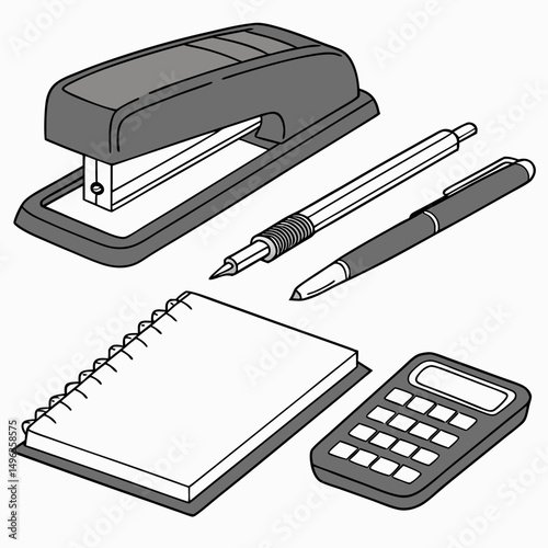 Office supplies stationery items notebook pen calculator stapler