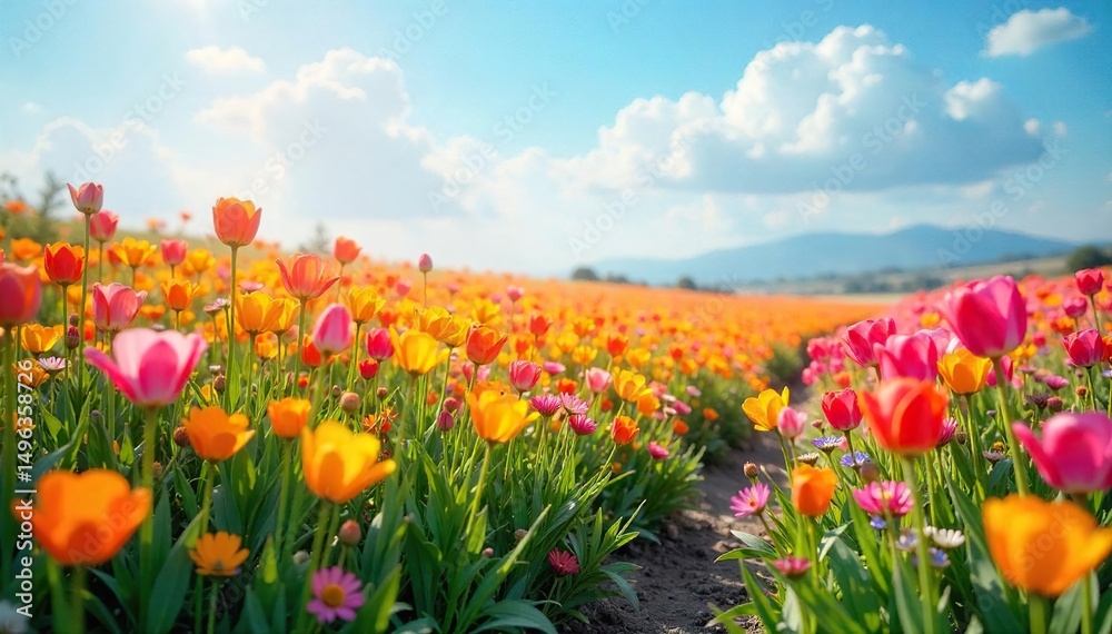 Fototapeta premium A vibrant field of flowers bursts into bloom, representing the blossoming of recognition and understanding Nature's beauty symbolizes growth, clarity, and newfound awareness , bloom, discovery