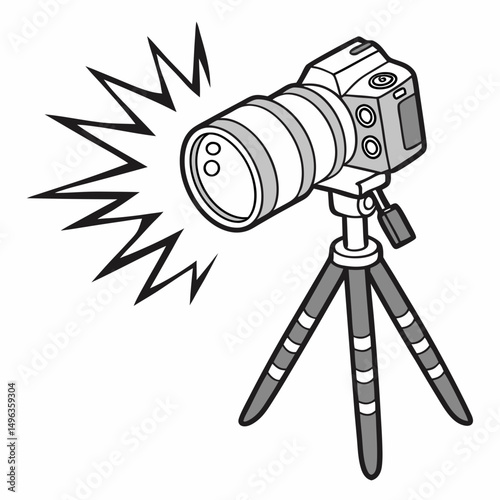 Professional dslr camera on tripod with flash, transparent background