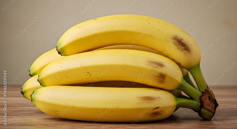 Fresh Ripe Bananas in a Bunch on Wooden Table with Neutral Background – Close-Up Tropical Fruit Photography