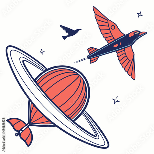 Bird spaceship flying past ringed planet space travel
