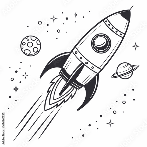 Retro rocket ship soaring through space