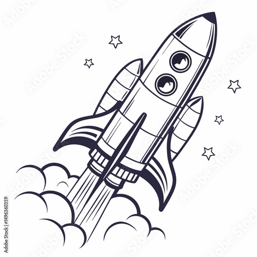 Retro rocket ship launching into space, clean cutout