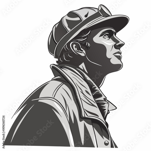 Stylish man in vintage cap looking upward
