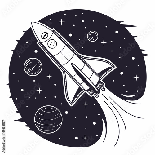 Space shuttle rocket launching through cosmos