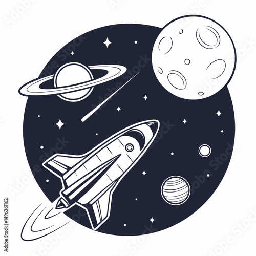 Space rocket launching past planets and moon