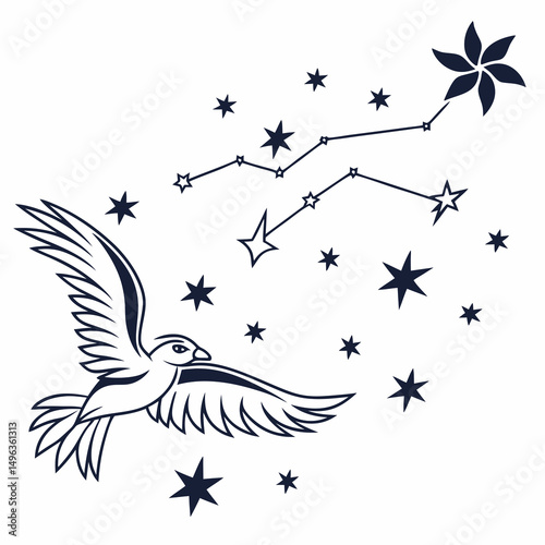 Celestial bird soaring through starry night
