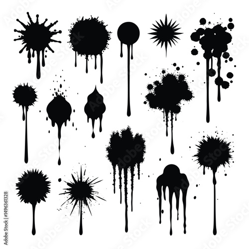 Spray graffiti texture with smudges and drops. Street art with splashes and dripping paint. Vector aerosol set 