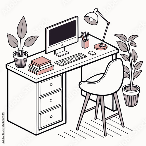 Modern home office desk setup isometric illustration