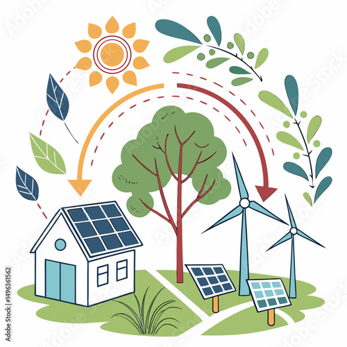 Eco-friendly home renewable energy sources illustration