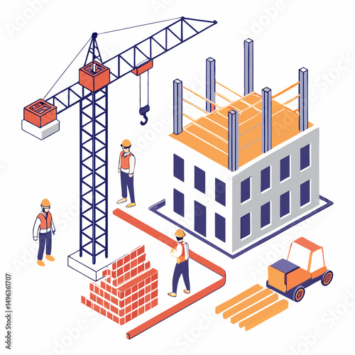 Construction site isometric illustration workers building