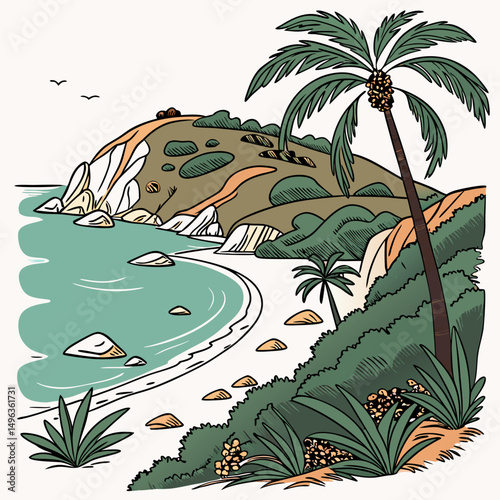 Serene tropical beach cove landscape illustration