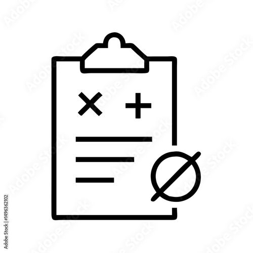 line icon of a clipboard with a checklist, featuring an 'X', a '+', and a crossed-out circle. Ideal for websites/blogs about task management, planning, cancellations, or project status.