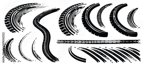 Tire tread marks, texture, tire marks - car races, motocross, drift, rally, off-road and other. Vector black isolated texture in grunge style with splashes. Black and white vector .